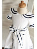 Ivory Navy Blue Stripe Taffeta Knee Length Flower Girl Dress 